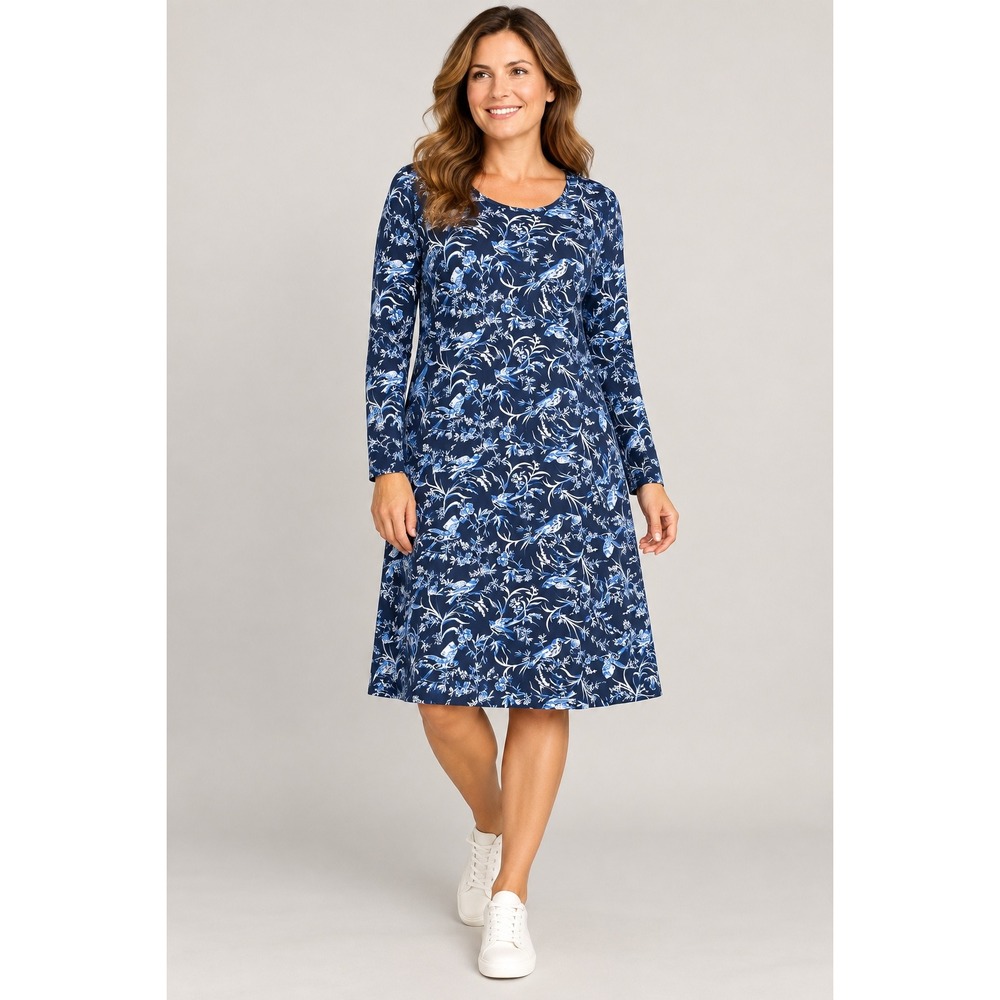 Lands End Dress Womens Medium M Blue Floral Bird Cotton Long Sleeve A-Line